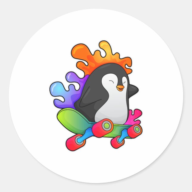 Pinguin als Skater mit Skateboard Runder Aufkleber (Vorderseite)