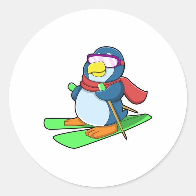 Pinguin als Skier mit Ski Scarf & Sonnenbrille Runder Aufkleber (Vorderseite)