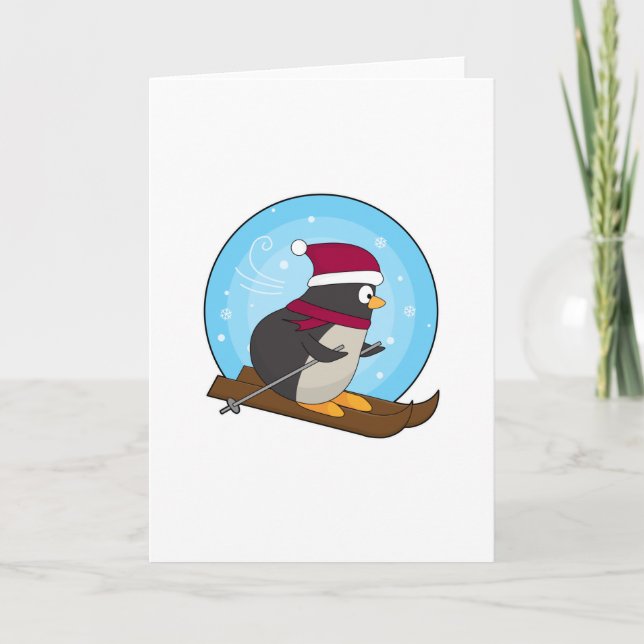 Pinguin als Skier mit Skis Karte (Vorderseite)