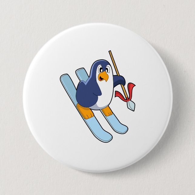 Pinguin als Skifahrer mit Ski Button (Vorderseite)
