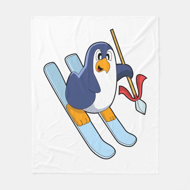 Pinguin als Skifahrer mit Ski Fleecedecke (Vorderseite)