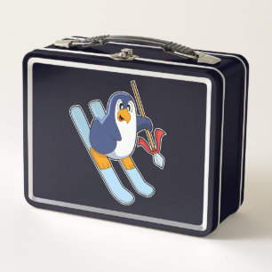 Pinguin als Skifahrer mit Ski Metall Brotdose