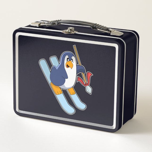 Pinguin als Skifahrer mit Ski Metall Brotdose (Vorderseite)