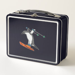 Pinguin als Skijumper mit Ski Metall Brotdose
