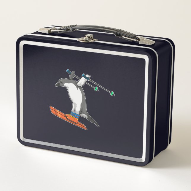 Pinguin als Skijumper mit Ski Metall Brotdose (Vorderseite)