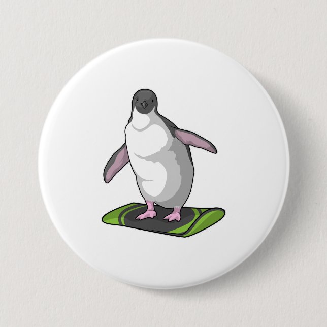 Pinguin als Snowboarder mit Snowboard Button (Vorderseite)