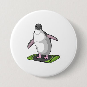 Pinguin als Snowboarder mit Snowboard Button
