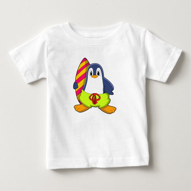 Pinguin als Surfer mit Surfbrett Baby T-shirt (Vorderseite)