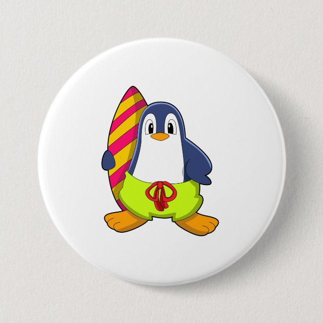 Pinguin als Surfer mit Surfbrett Button (Vorderseite)