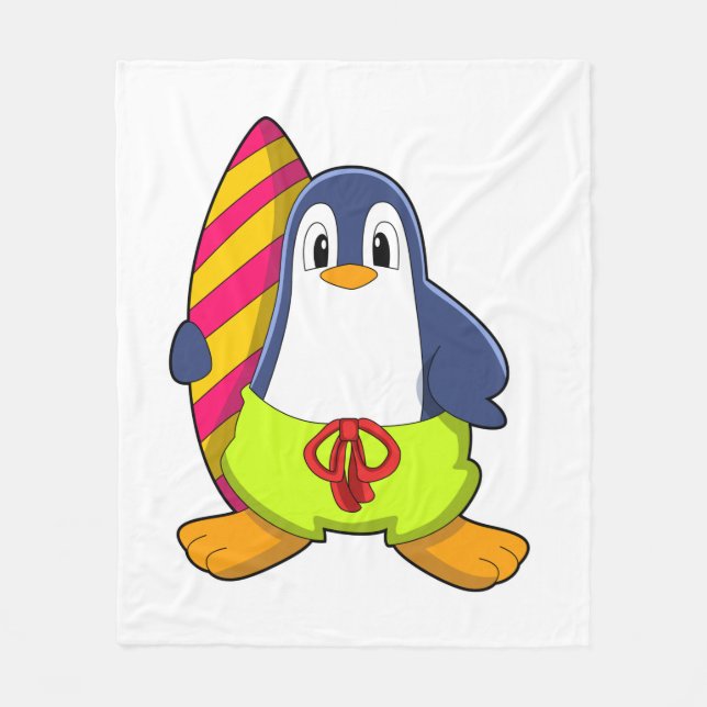 Pinguin als Surfer mit Surfbrett Fleecedecke (Vorderseite)