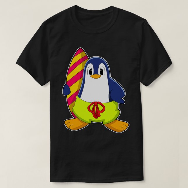 Pinguin als Surfer mit Surfbrett T-Shirt (Design vorne)