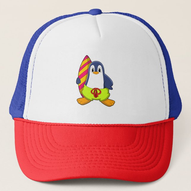 Pinguin als Surfer mit Surfbrett Truckerkappe (Vorderseite)