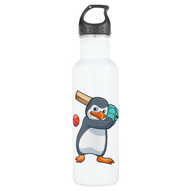 Pinguin auf Cricket mit Cricket-Fledermaus Edelstahlflasche (Vorderseite)