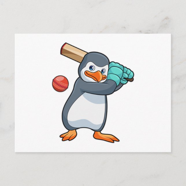 Pinguin auf Cricket mit Cricket-Fledermaus Postkarte (Vorderseite)