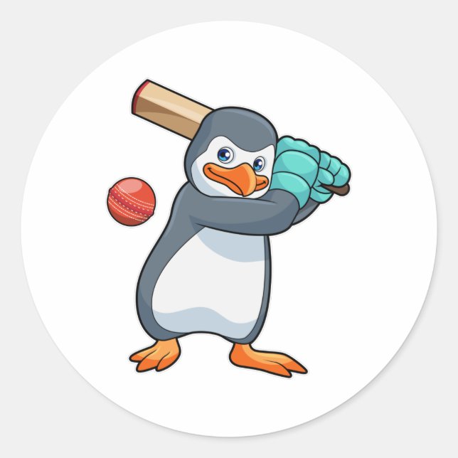 Pinguin auf Cricket mit Cricket-Fledermaus Runder Aufkleber (Vorderseite)
