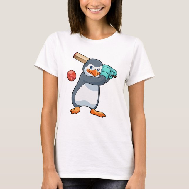 Pinguin auf Cricket mit Cricket-Fledermaus T-Shirt (Vorderseite)