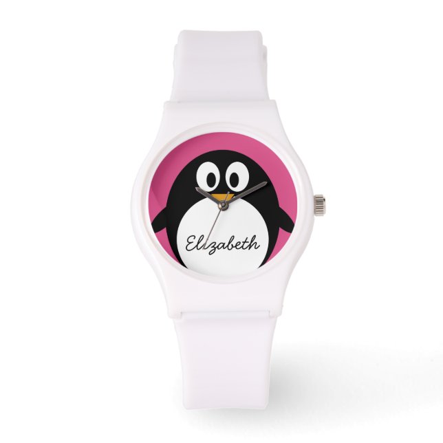 Pinguin aus niedlichem Cartoon, rosa und schwarz Armbanduhr (Vorderseite)