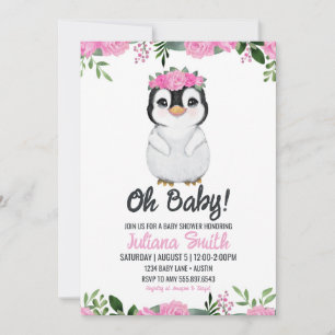 Pinguin Baby Dusche Blütenrosa Schwarz Einladung