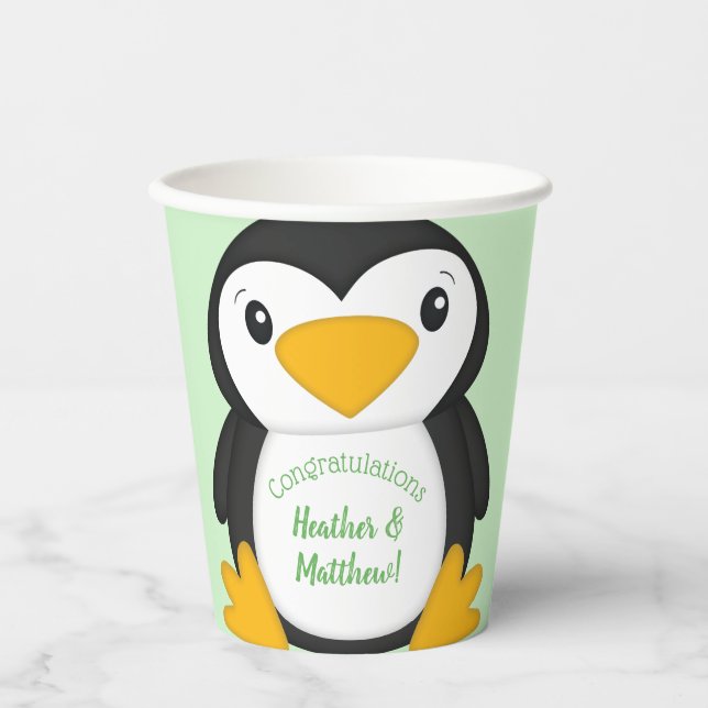 Pinguin Baby Dusche grün Pappbecher (Vorderseite)