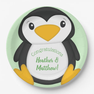 Pinguin Baby Dusche grün Pappteller
