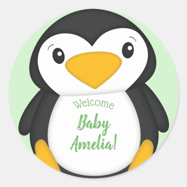 Pinguin Baby Dusche grün Runder Aufkleber (Vorderseite)