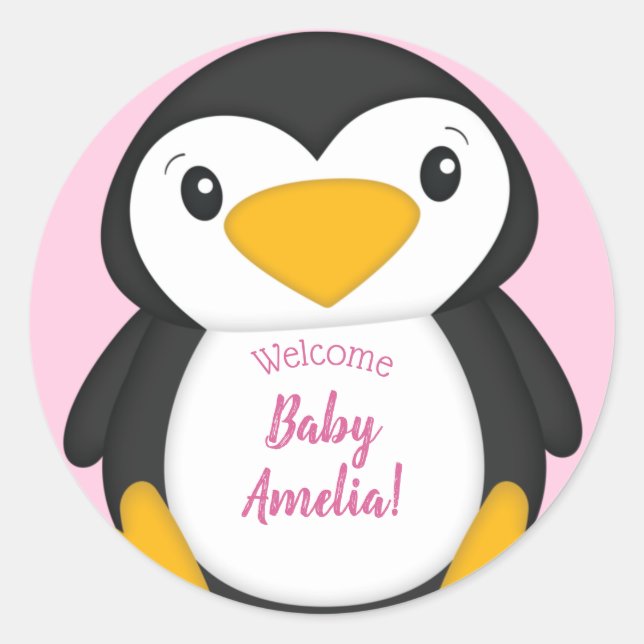 Pinguin Baby Dusche Pink Girl Runder Aufkleber (Vorderseite)
