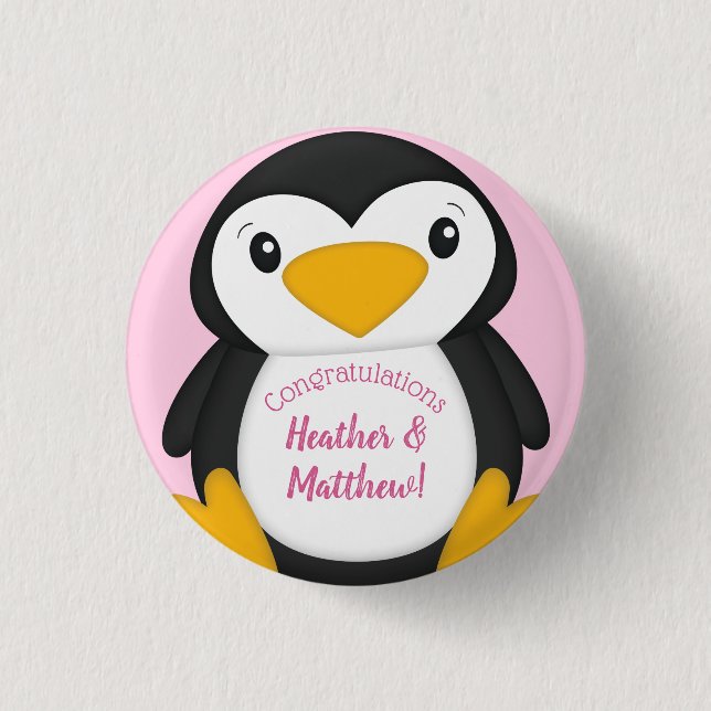 Pinguin Baby Dusche Rosa Button (Vorderseite)