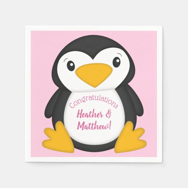 Pinguin Baby Dusche Rosa Serviette (Vorderseite)