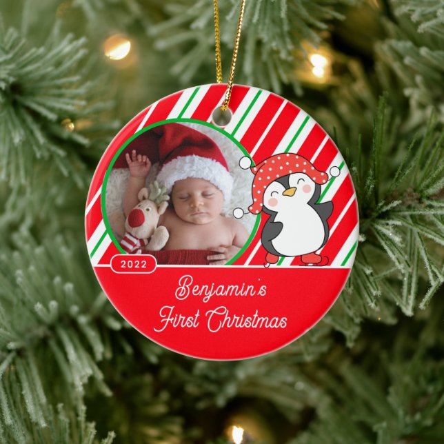 Pinguin Baby's First Christmas Foto Keramik Ornament (Baum)