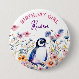 Pinguin bei Blume Geburtstagskinder Personalisiert Button
