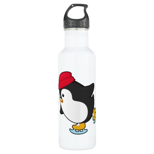 Pinguin bei Ice Skaten mit Hut Edelstahlflasche (Vorderseite)
