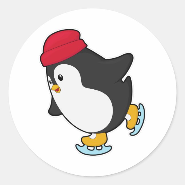 Pinguin bei Ice Skaten mit Hut Runder Aufkleber (Vorderseite)