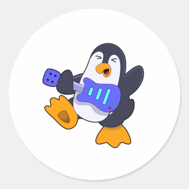 Pinguin bei Musik mit Gitarre Runder Aufkleber (Vorderseite)