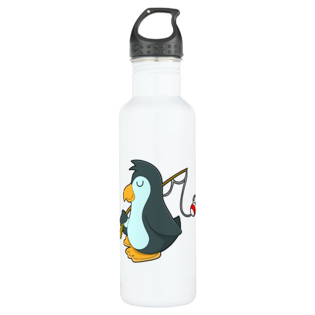 Pinguin beim Angeln mit Angelrute Edelstahlflasche (Vorderseite)