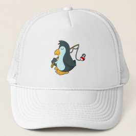 Pinguin beim Angeln mit Angelrute Truckerkappe