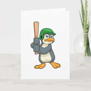 Pinguin beim Baseball mit Baseballschläger und Hel Karte