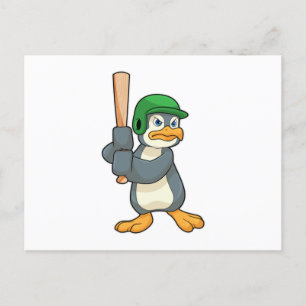 Pinguin beim Baseball mit Baseballschläger und Hel Postkarte