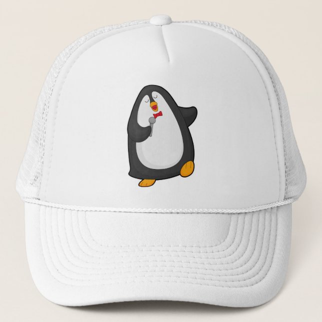 Pinguin beim Singen mit Mikrofon und Krawatte Truckerkappe (Vorderseite)