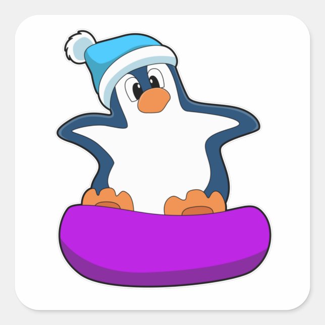 Pinguin beim Snowboarden mit Snowboard Quadratischer Aufkleber (Vorderseite)