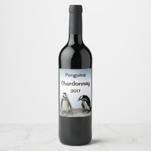 Pinguin Birds Blue White Black Animal Wine Label Weinetikett