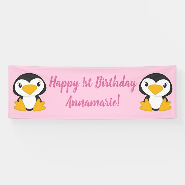Pinguin Birthday Party Pink Banner (Horizontal)