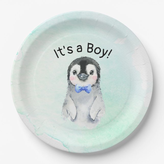 Pinguin Boy Baby-Duschpapierplatte Pappteller (Vorderseite)