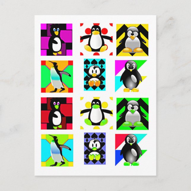 Pinguin Cartoon Birds Abstrakt Art Collage Postkarte (Vorderseite)