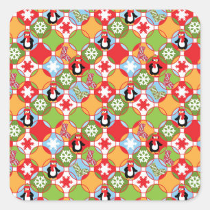 Pinguin Christmas Circles Pattern Square Stickers