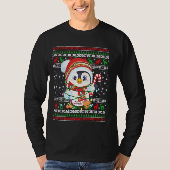 Pinguin Christmas Lights Weihnachtsmannmütze Ugly  T-Shirt (Vorderseite)