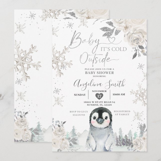 Pinguin Creamy White Snowflake Floral Baby Dusche Einladung (Vorne/Hinten)