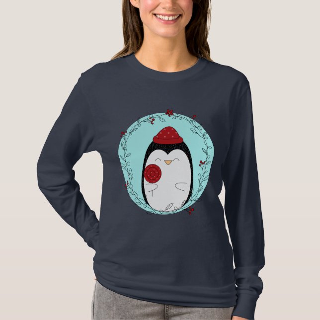 Pinguin Doodle Blue Background T-Shirt (Vorderseite)