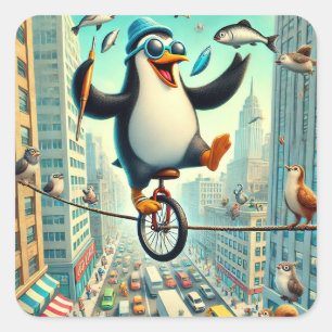 Pinguin Einrad in der Stadt - Whimsikischer Zirkus Quadratischer Aufkleber