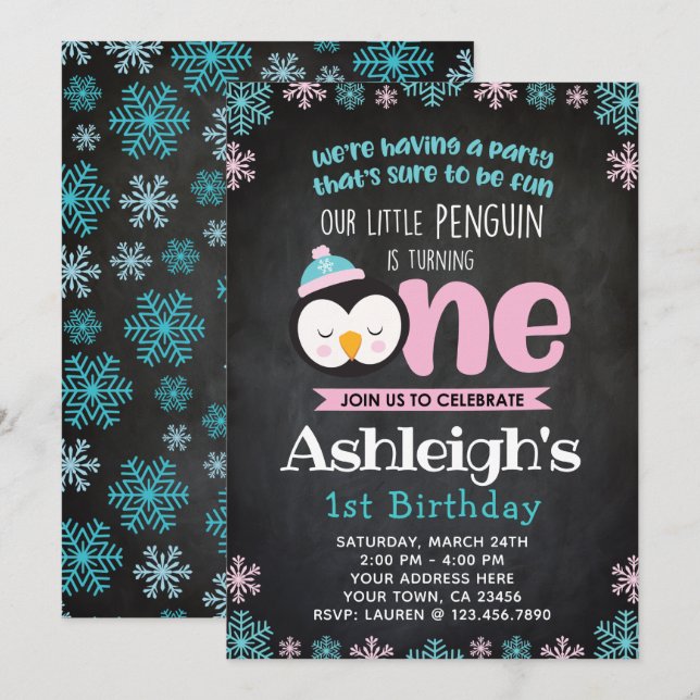 Pinguin-erste Geburtstags-Einladungs-Tafel Einladung (Vorne/Hinten)