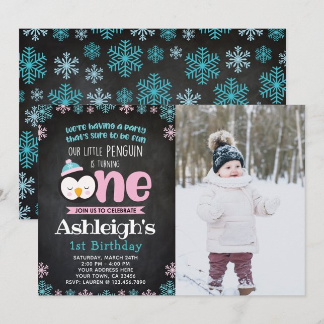 Pinguin Erstgeburt Einladung mit Foto (Vorne/Hinten)